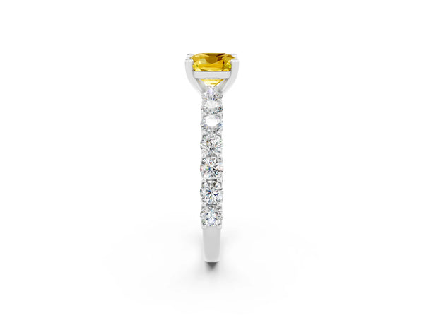 Platinum Cushion Cut Yellow Sapphire Solitaire Ring with Shared Prong Pavé Band and Four-Prong Setting