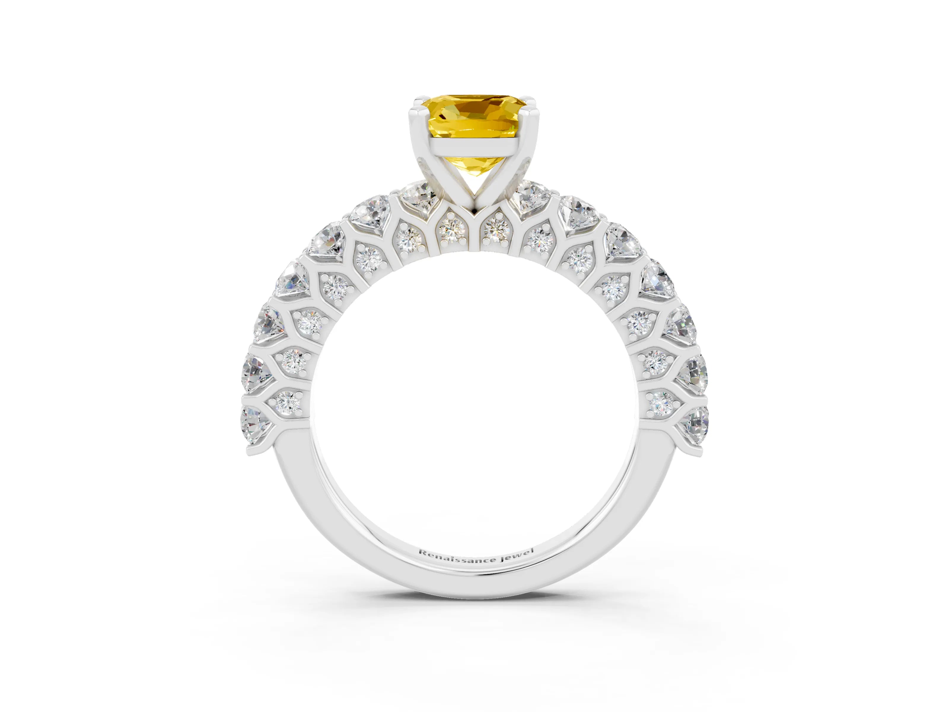 White gold Cushion Cut Yellow Sapphire Solitaire Ring with Shared Prong Pavé Band and Four-Prong Setting_3