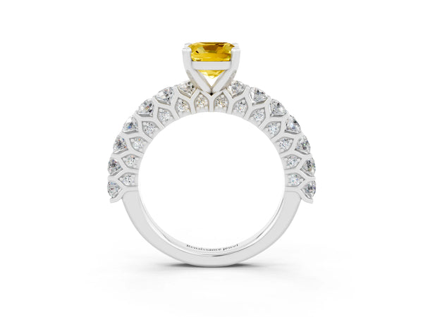 White gold Cushion Cut Yellow Sapphire Solitaire Ring with Shared Prong Pavé Band and Four-Prong Setting