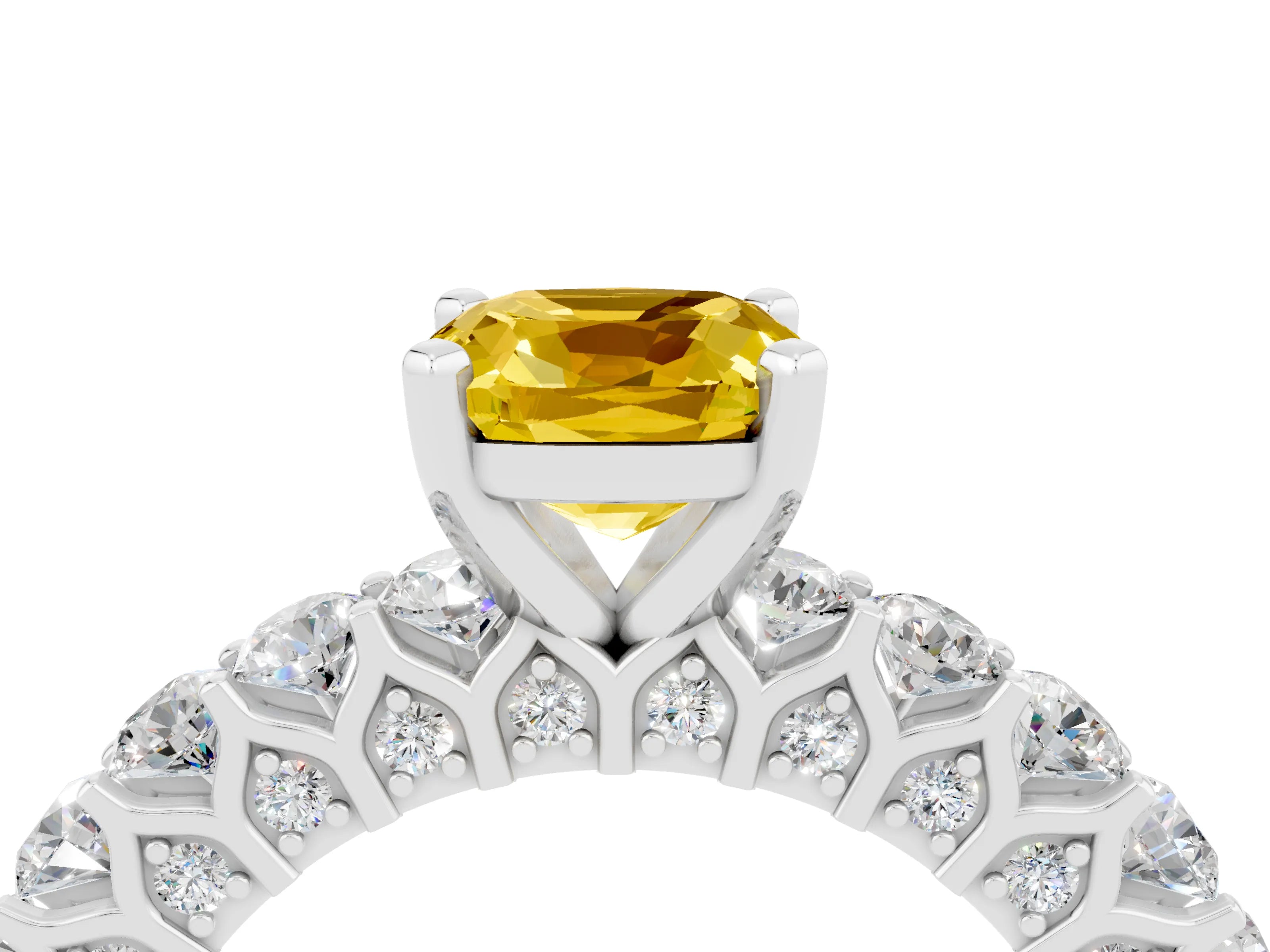 White gold Cushion Cut Yellow Sapphire Solitaire Ring with Shared Prong Pavé Band and Four-Prong Setting_4