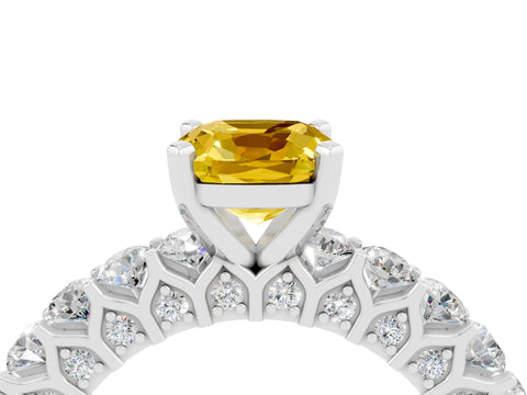 White gold Cushion Cut Yellow Sapphire Solitaire Ring with Shared Prong Pavé Band and Four-Prong Setting_4