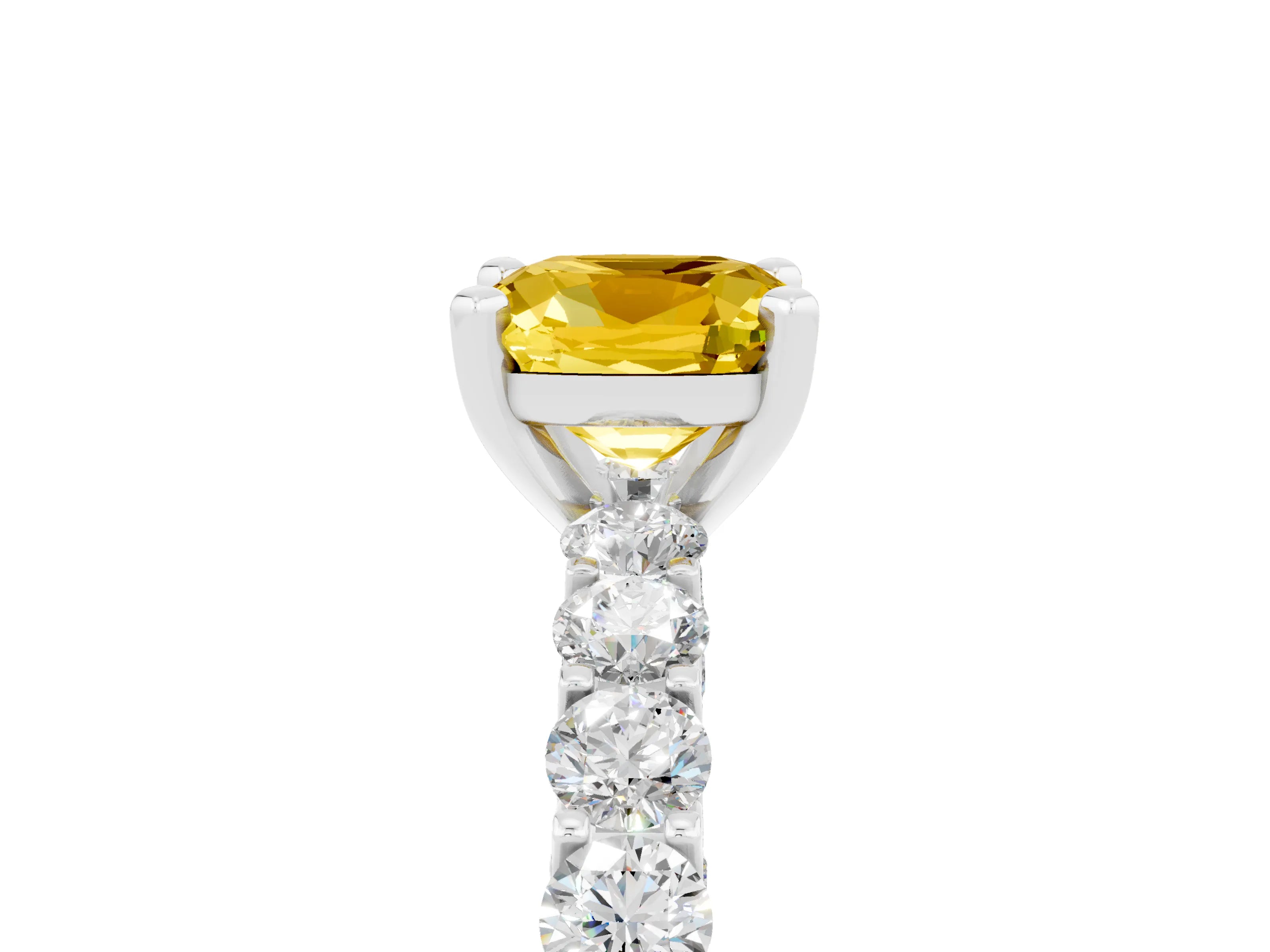 White gold Cushion Cut Yellow Sapphire Solitaire Ring with Shared Prong Pavé Band and Four-Prong Setting_5