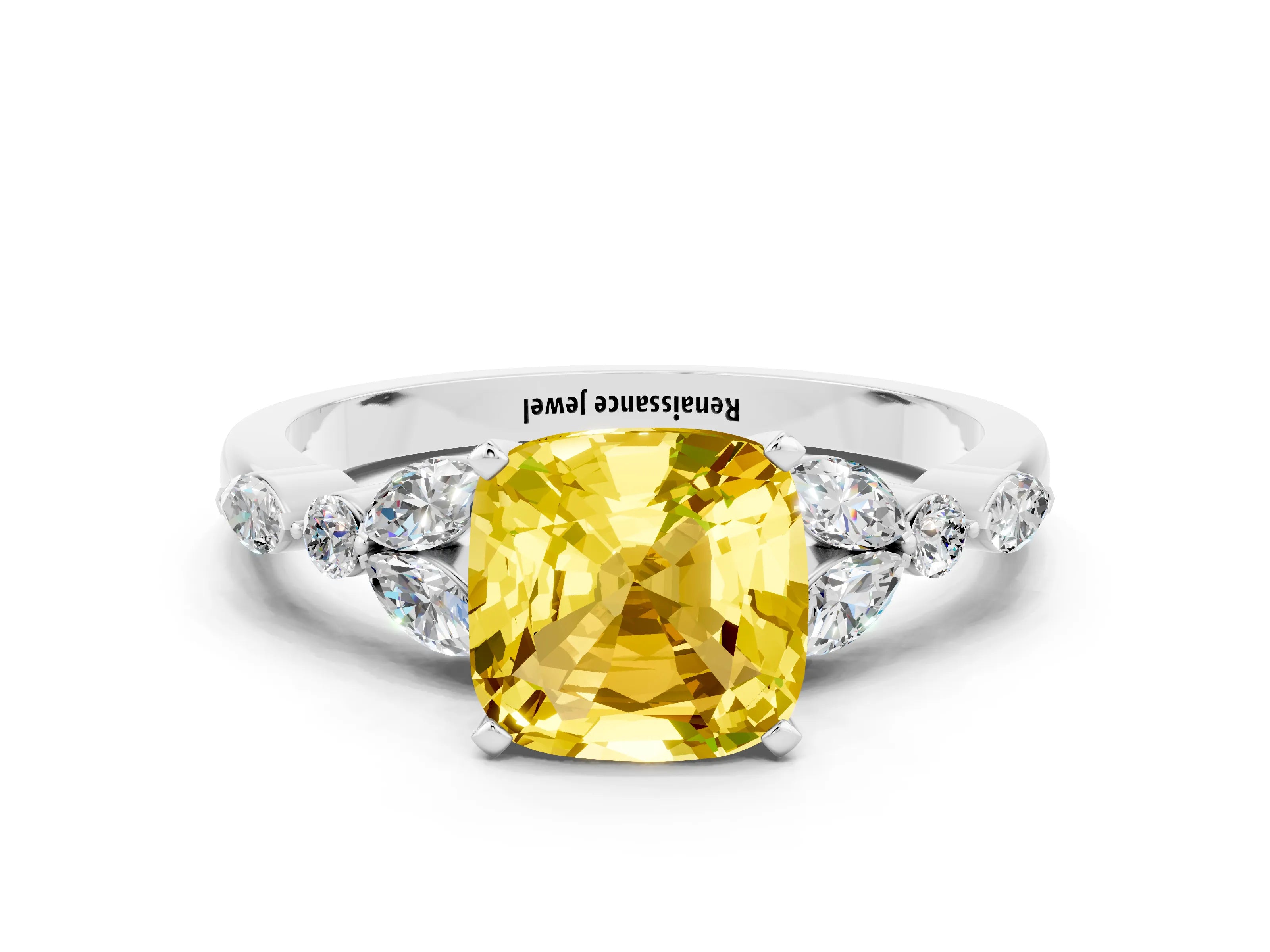 White gold Cushion Cut Yellow Sapphire Solitaire Ring with Side Stones and Four-Prong Setting_12