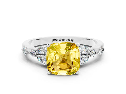 White gold Cushion Cut Yellow Sapphire Solitaire Ring with Side Stones and Four-Prong Setting_12