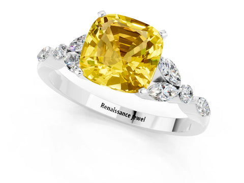 White gold Cushion Cut Yellow Sapphire Solitaire Ring with Side Stones and Four-Prong Setting_13