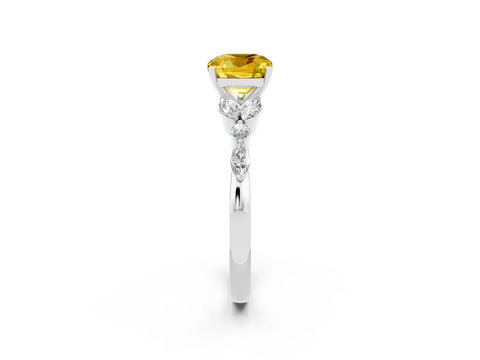 White gold Cushion Cut Yellow Sapphire Solitaire Ring with Side Stones and Four-Prong Setting_14