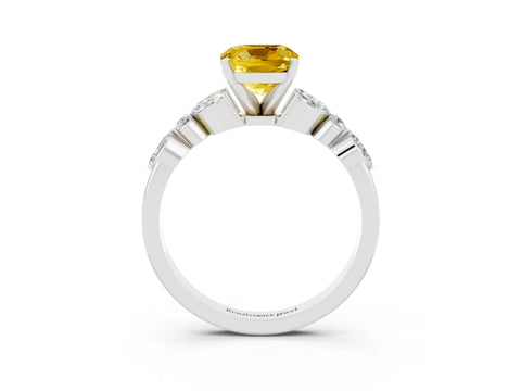 White gold Cushion Cut Yellow Sapphire Solitaire Ring with Side Stones and Four-Prong Setting_15
