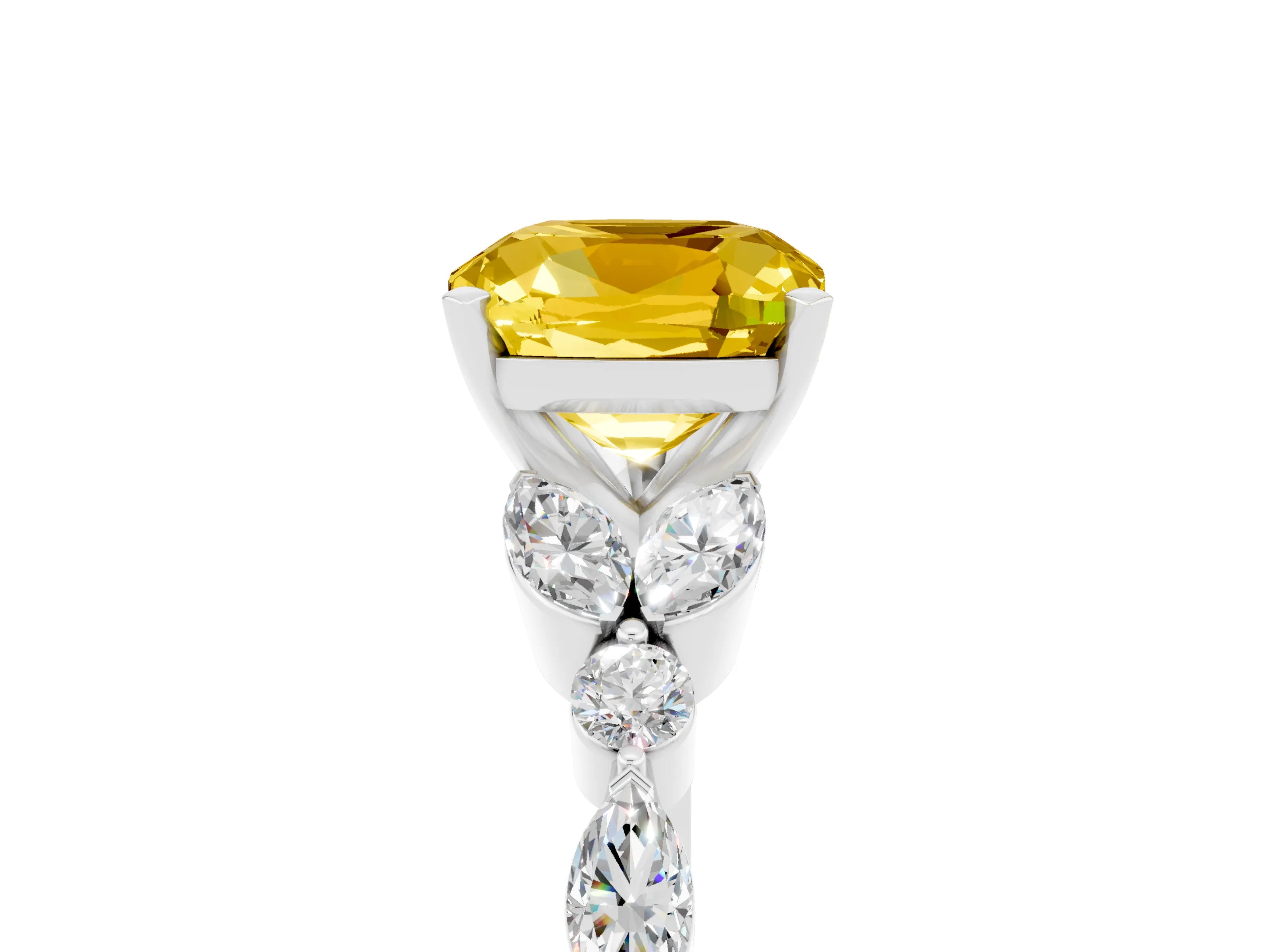 White gold Cushion Cut Yellow Sapphire Solitaire Ring with Side Stones and Four-Prong Setting_17