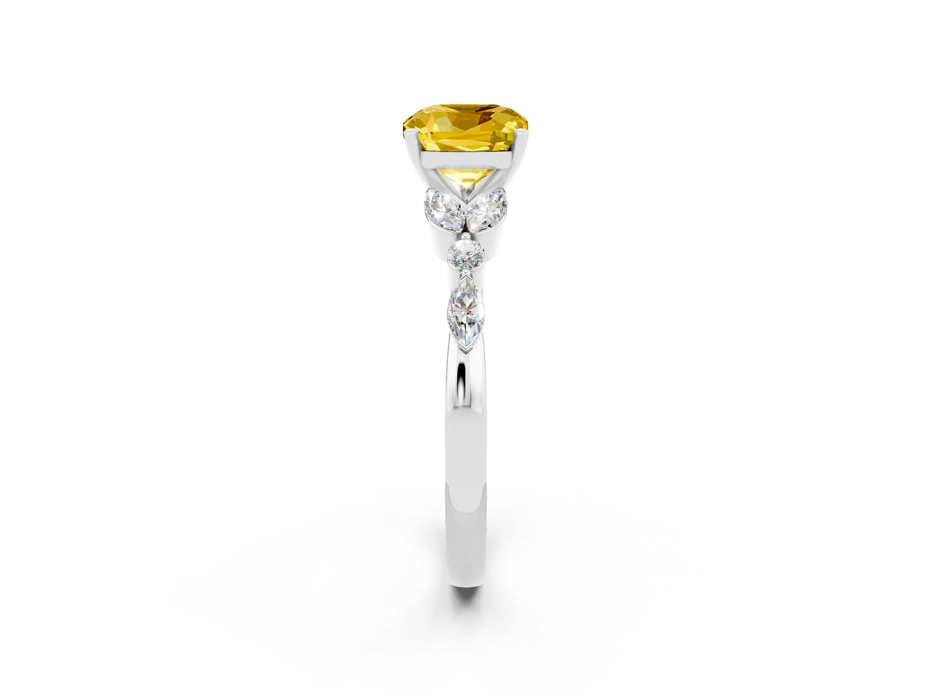 White gold Cushion Cut Yellow Sapphire Solitaire Ring with Side Stones and Four-Prong Setting_26