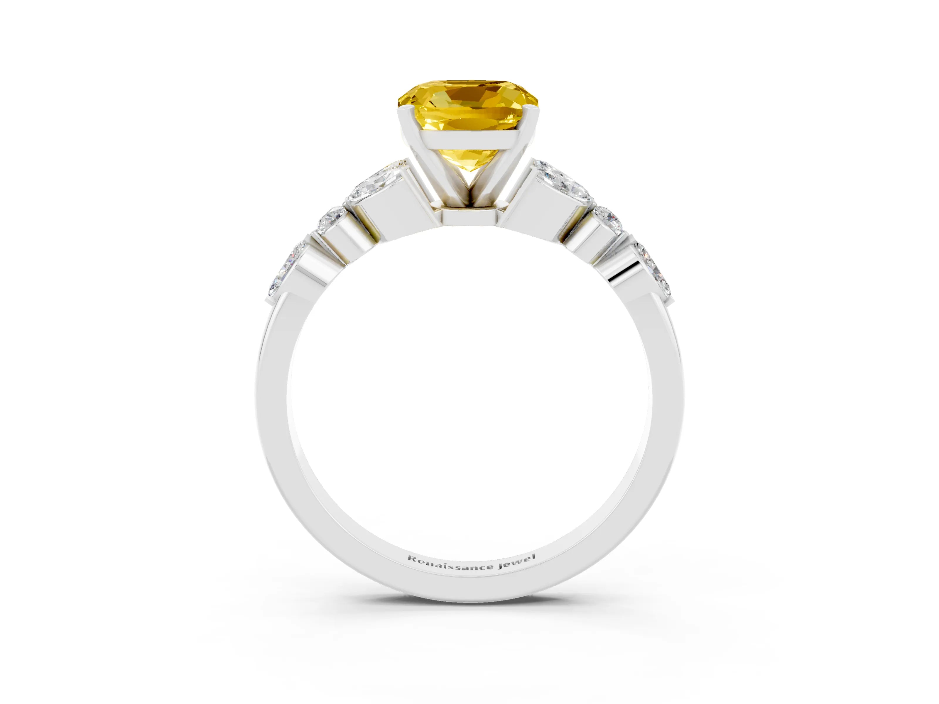 White gold Cushion Cut Yellow Sapphire Solitaire Ring with Side Stones and Four-Prong Setting_27