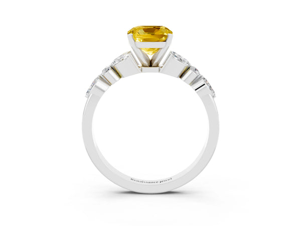 White gold Cushion Cut Yellow Sapphire Solitaire Ring with Side Stones and Four-Prong Setting