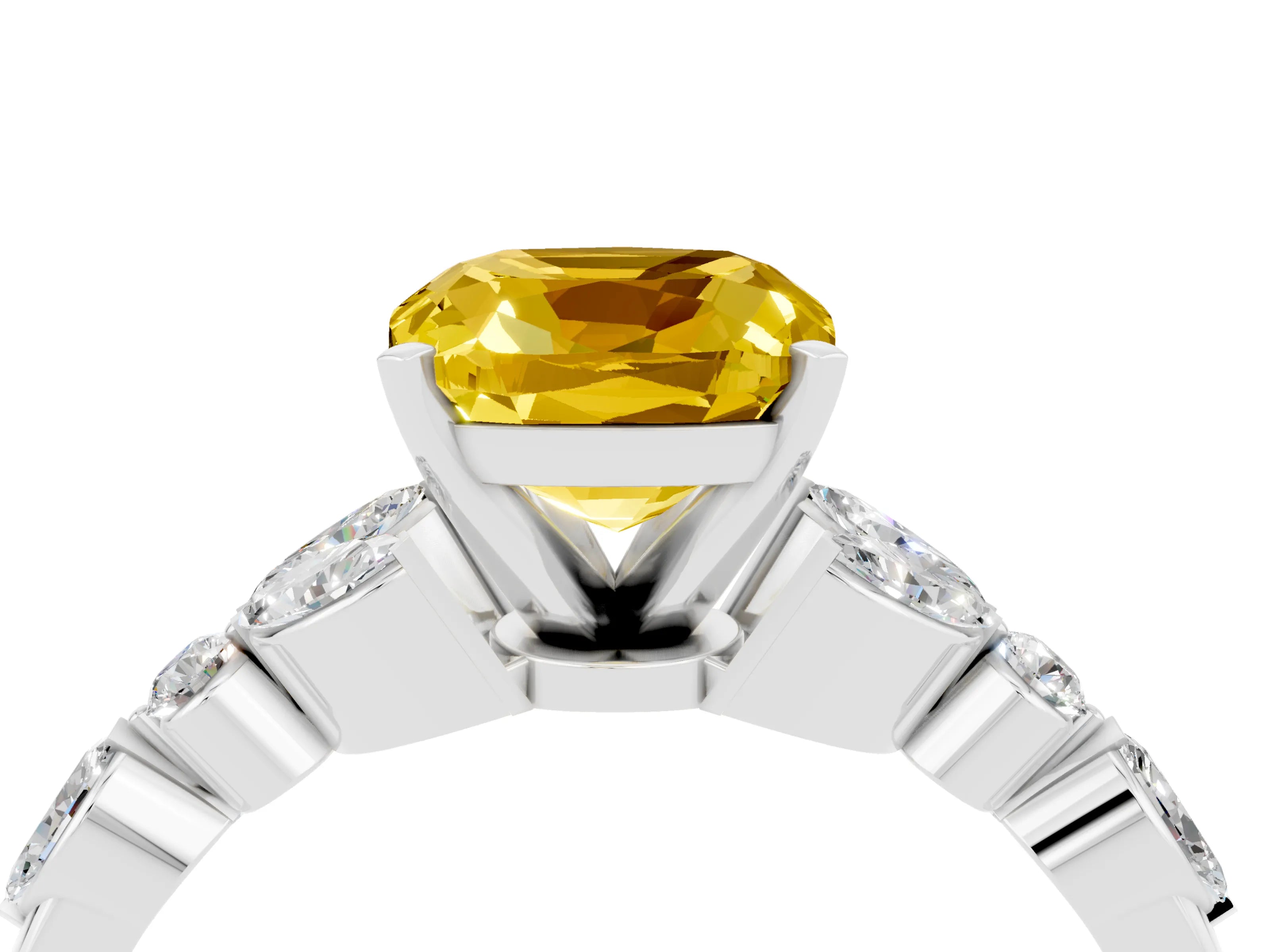 White gold Cushion Cut Yellow Sapphire Solitaire Ring with Side Stones and Four-Prong Setting_28