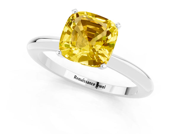 Platinum Cushion Cut Yellow Sapphire Solitaire Ring with Six-Prong Setting and Classic Band