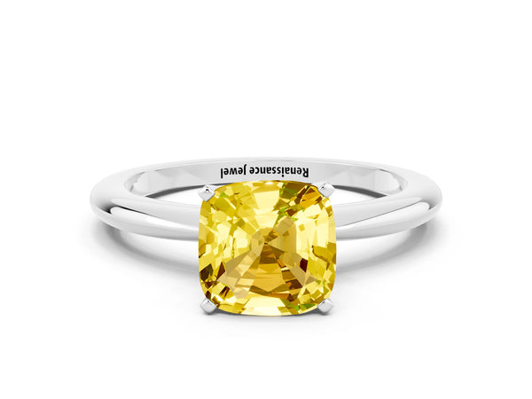 White gold Cushion Cut Yellow Sapphire Solitaire Ring with Six-Prong Setting and Classic Band