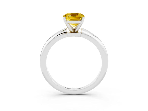 White gold Cushion Cut Yellow Sapphire Solitaire Ring with Six-Prong Setting and Classic Band