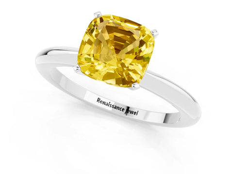 White gold Cushion Cut Yellow Sapphire Solitaire Ring with Six-Prong Setting and Classic Band_1
