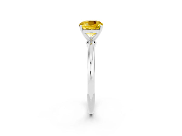 Silver Cushion Cut Yellow Sapphire Solitaire Ring with Six-Prong Setting and Classic Band