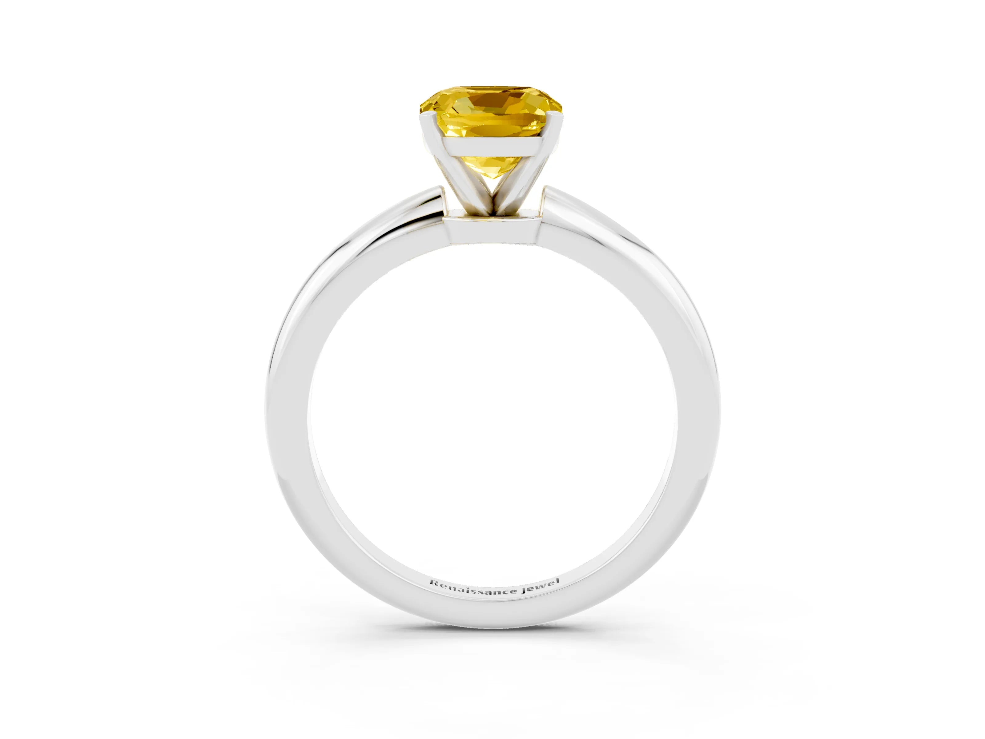 White gold Cushion Cut Yellow Sapphire Solitaire Ring with Six-Prong Setting and Classic Band_3
