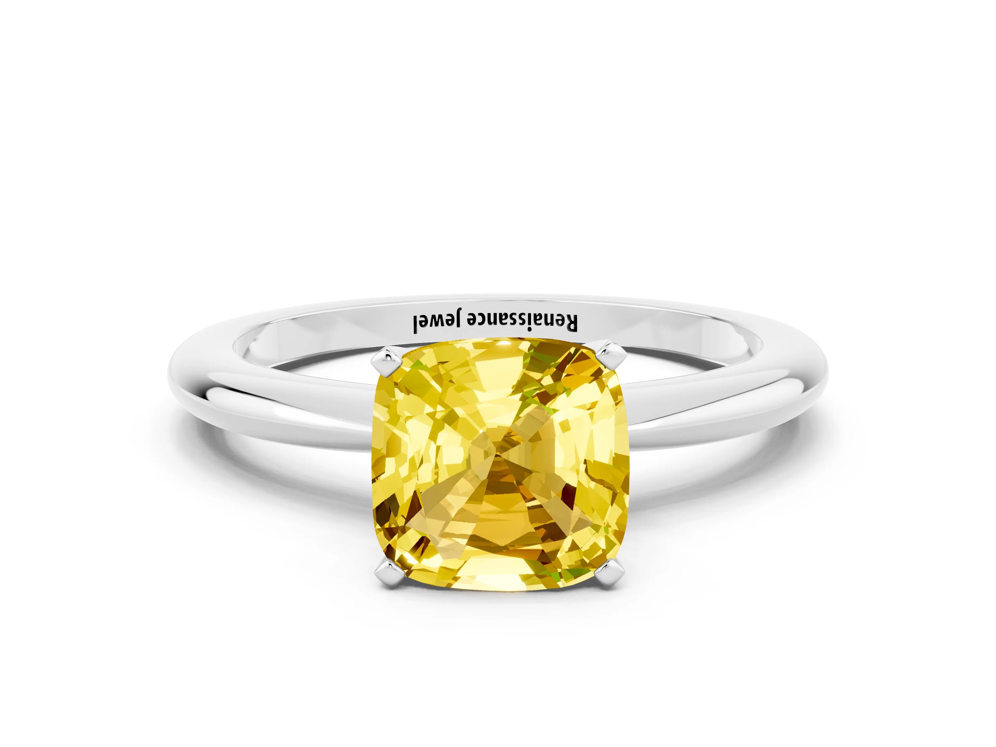 White gold Cushion Cut Yellow Sapphire Solitaire Ring with Six-Prong Setting and Classic Band