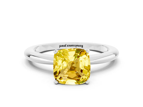 White gold Cushion Cut Yellow Sapphire Solitaire Ring with Six-Prong Setting and Classic Band