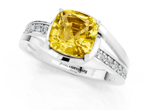 White gold Cushion Cut Yellow Sapphire Solitaire Ring with Split Shank and Prong Setting_1