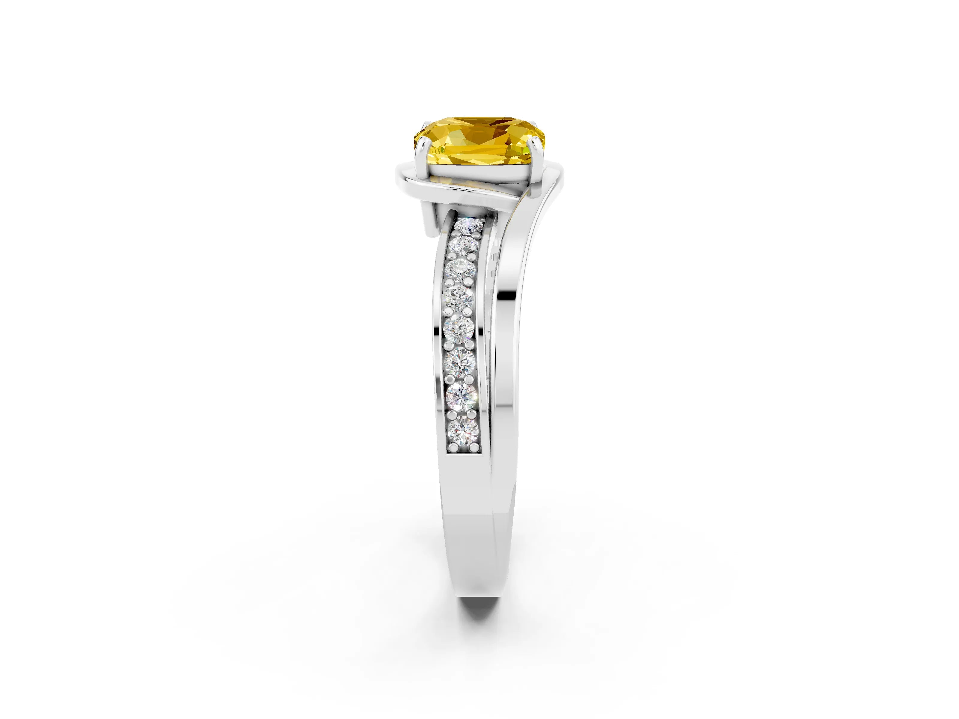 White gold Cushion Cut Yellow Sapphire Solitaire Ring with Split Shank and Prong Setting_2