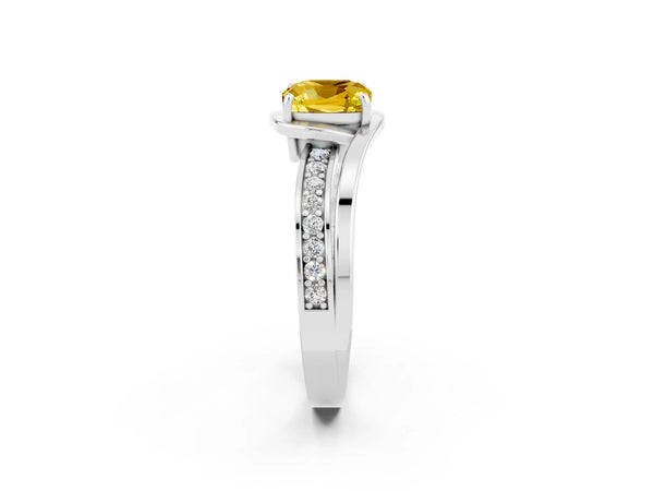 White gold Cushion Cut Yellow Sapphire Solitaire Ring with Split Shank and Prong Setting