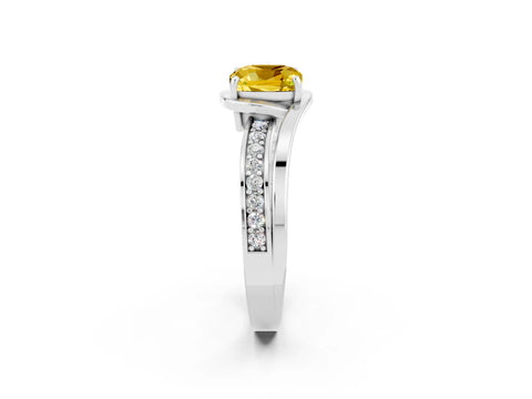 White gold Cushion Cut Yellow Sapphire Solitaire Ring with Split Shank and Prong Setting_2