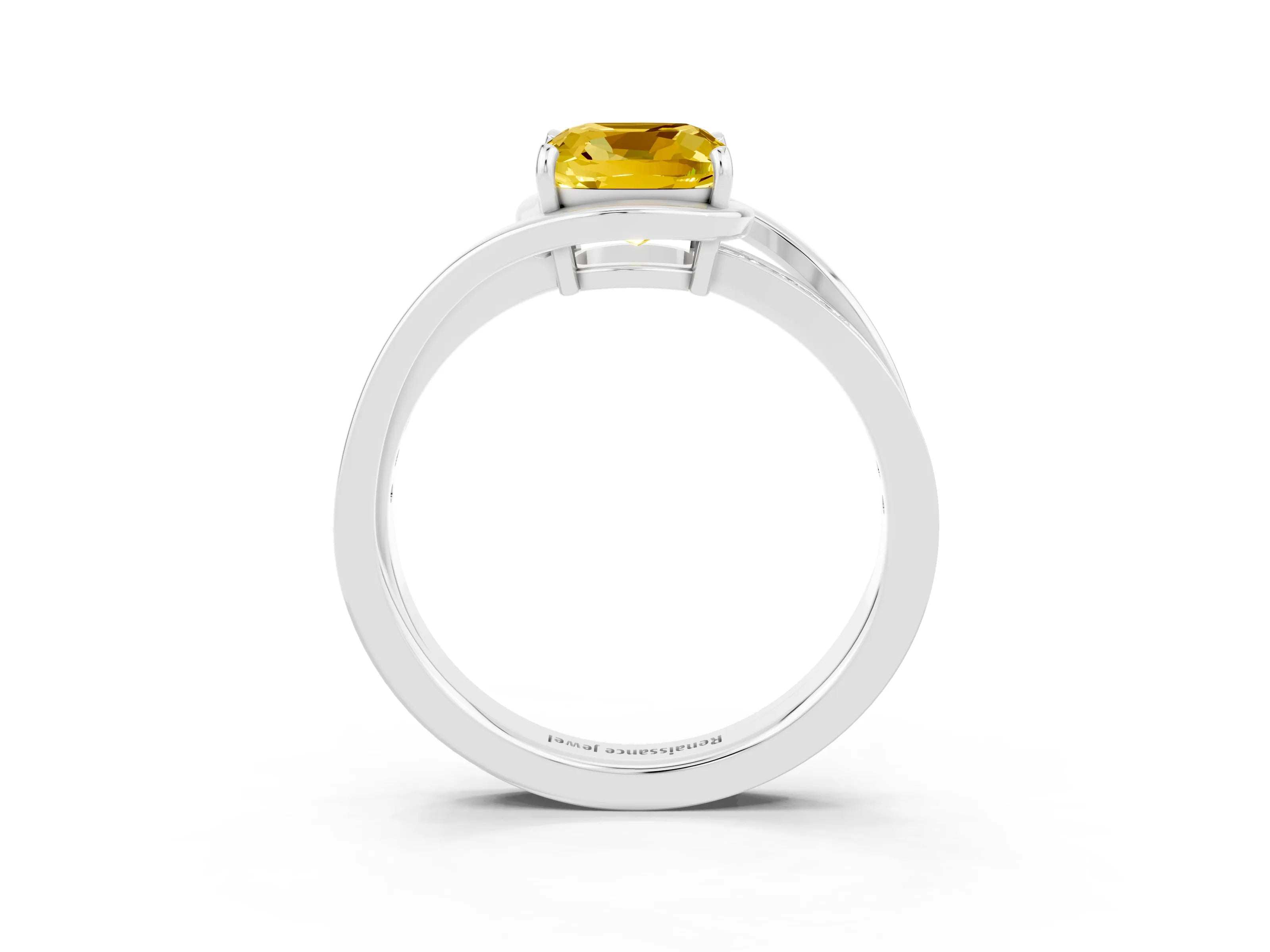 White gold Cushion Cut Yellow Sapphire Solitaire Ring with Split Shank and Prong Setting_3