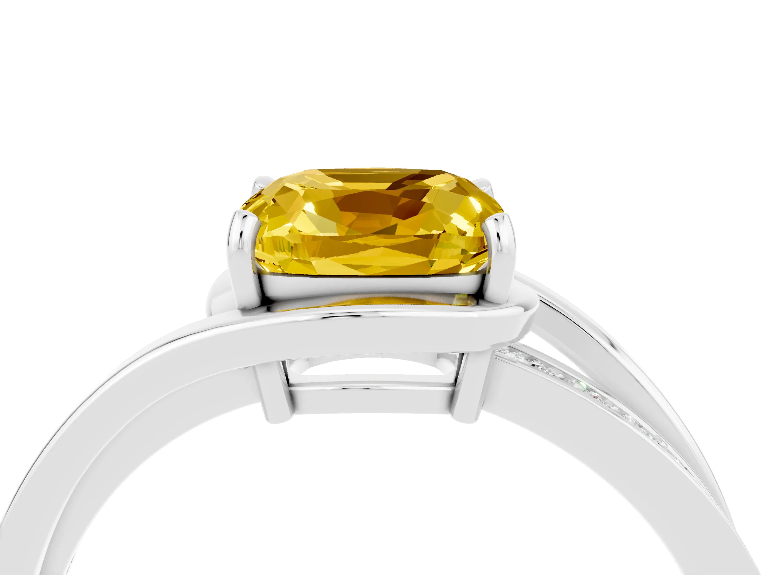 White gold Cushion Cut Yellow Sapphire Solitaire Ring with Split Shank and Prong Setting_4