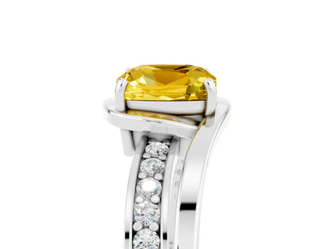 White gold Cushion Cut Yellow Sapphire Solitaire Ring with Split Shank and Prong Setting_5