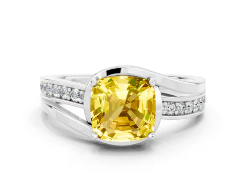 White gold Cushion Cut Yellow Sapphire Solitaire Ring with Split Shank and Prong Setting