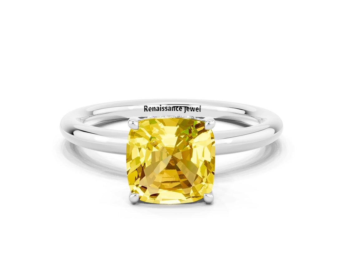 White gold Cushion Cut Yellow Sapphire Solitaire Ring with Thin Band and Four-Prong Setting_24