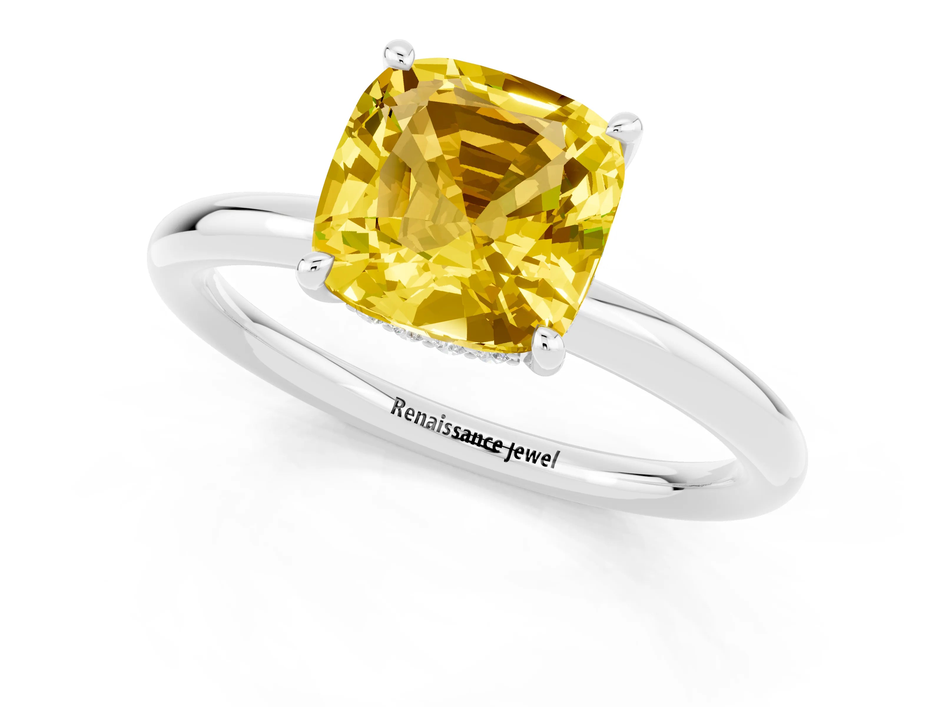 White gold Cushion Cut Yellow Sapphire Solitaire Ring with Thin Band and Four-Prong Setting_25