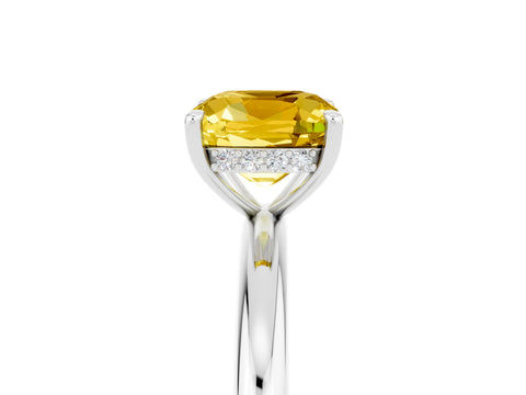 White gold Cushion Cut Yellow Sapphire Solitaire Ring with Thin Band and Four-Prong Setting_29