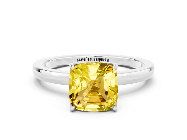 Silver Cushion Cut Yellow Sapphire Solitaire Ring with Thin Band and Prong Setting