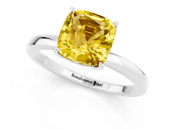 White gold Cushion Cut Yellow Sapphire Solitaire Ring with Thin Band and Prong Setting