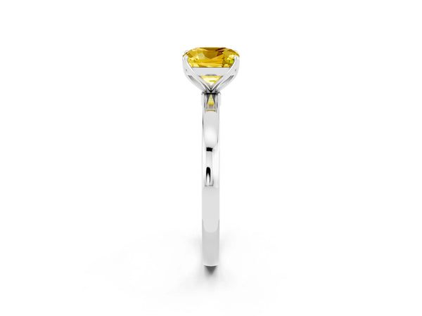 White gold Cushion Cut Yellow Sapphire Solitaire Ring with Thin Band and Prong Setting