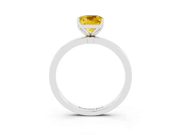 White gold Cushion Cut Yellow Sapphire Solitaire Ring with Thin Band and Prong Setting