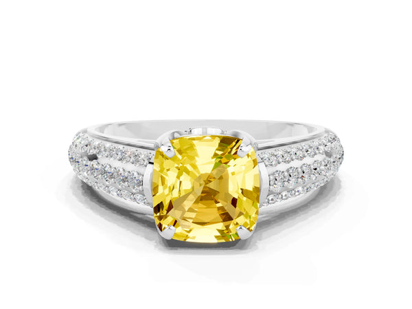 White gold Cushion Cut Yellow Sapphire Solitaire Ring with Three-Row Pavé Band and Four-Prong Setting