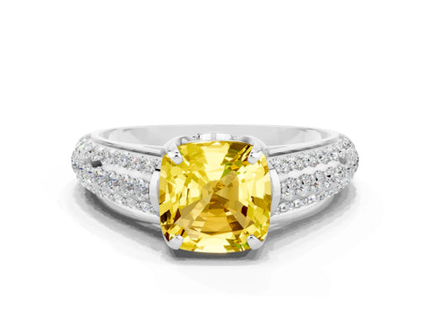 White gold Cushion Cut Yellow Sapphire Solitaire Ring with Three-Row Pavé Band and Four-Prong Setting_12