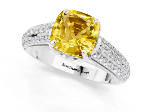 White gold Cushion Cut Yellow Sapphire Solitaire Ring with Three-Row Pavé Band and Four-Prong Setting_13