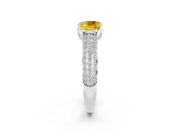 Platinum Cushion Cut Yellow Sapphire Solitaire Ring with Three-Row Pavé Band and Four-Prong Setting