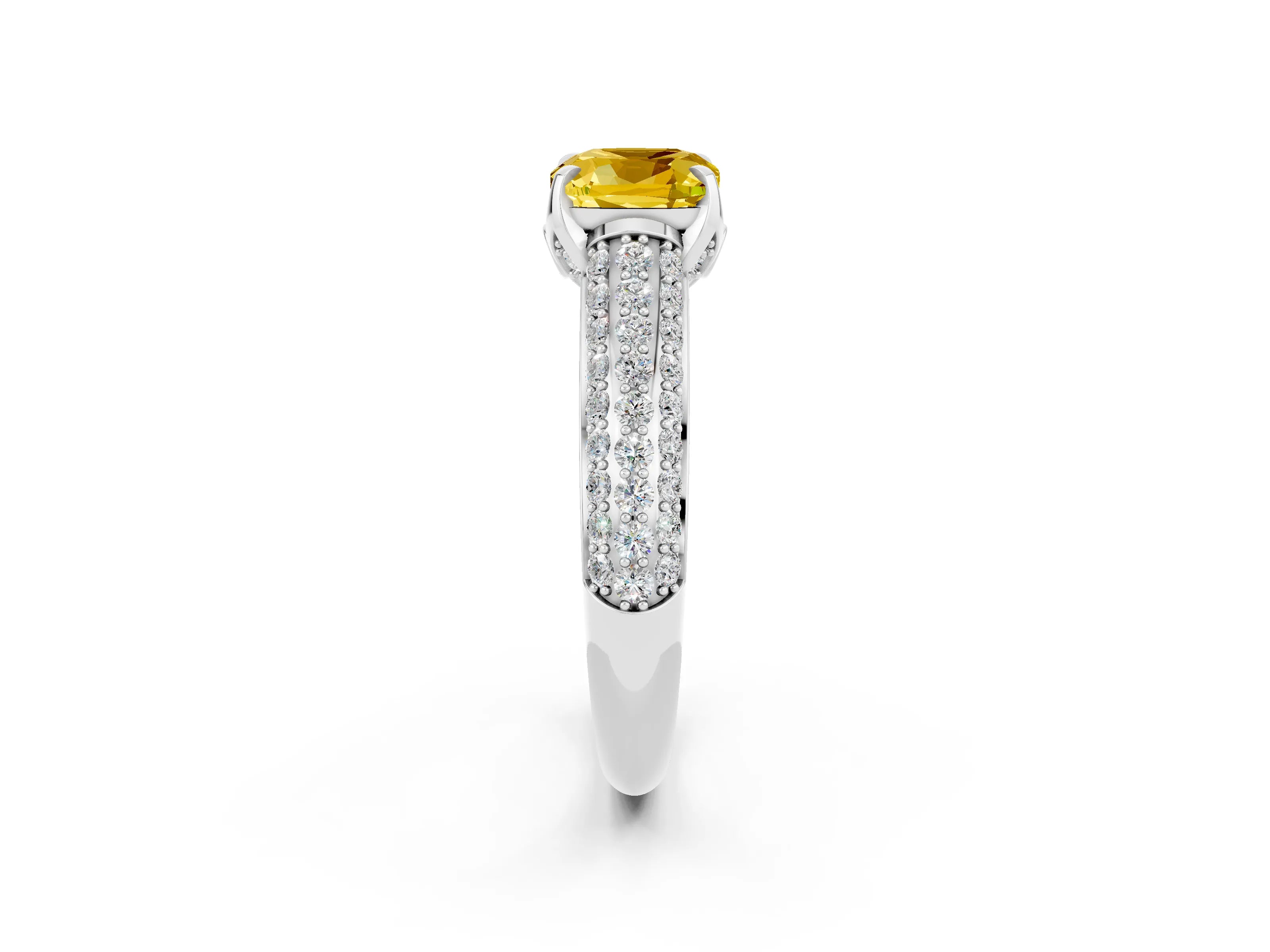 White gold Cushion Cut Yellow Sapphire Solitaire Ring with Three-Row Pavé Band and Four-Prong Setting_14