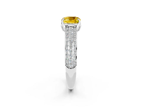 White gold Cushion Cut Yellow Sapphire Solitaire Ring with Three-Row Pavé Band and Four-Prong Setting_14