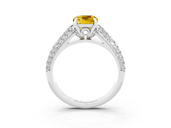 Platinum Cushion Cut Yellow Sapphire Solitaire Ring with Three-Row Pavé Band and Four-Prong Setting