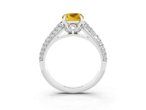 White gold Cushion Cut Yellow Sapphire Solitaire Ring with Three-Row Pavé Band and Four-Prong Setting_15