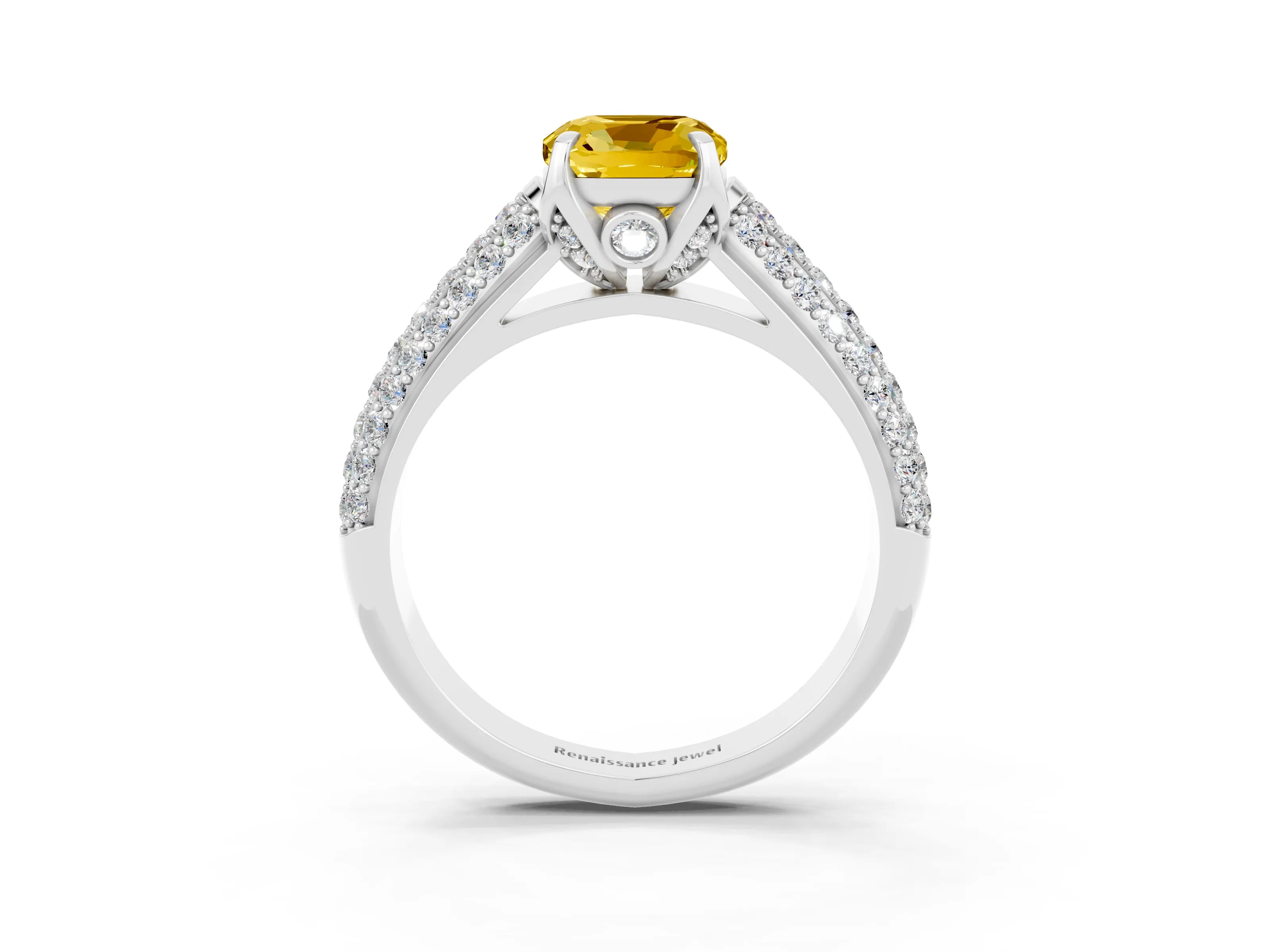 White gold Cushion Cut Yellow Sapphire Solitaire Ring with Three-Row Pavé Band and Four-Prong Setting_15