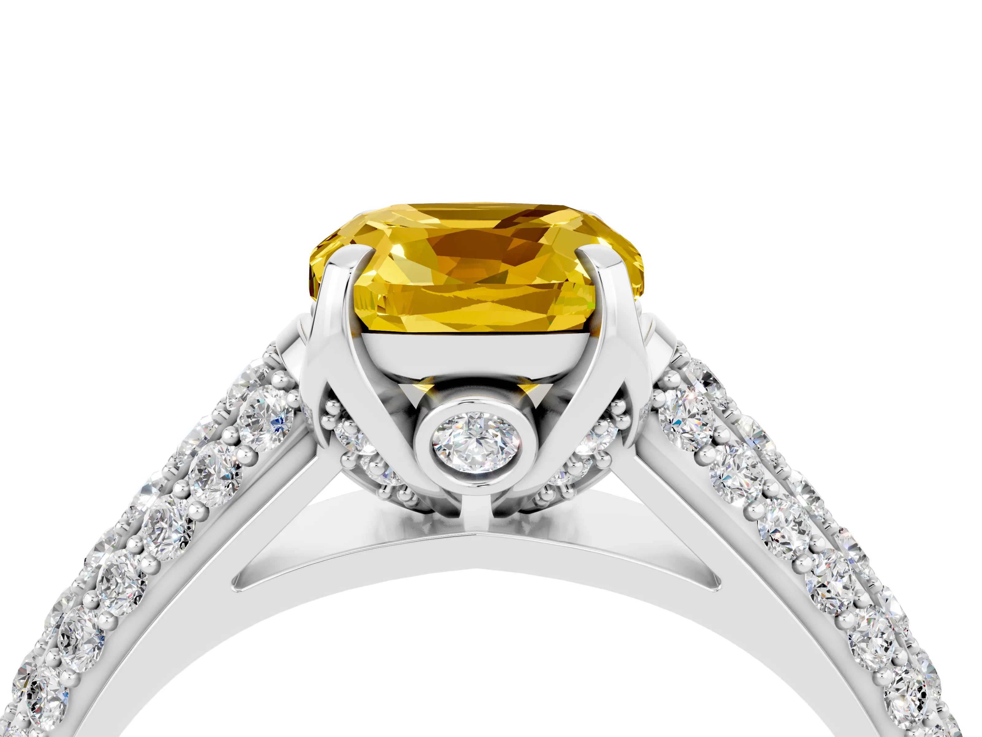 White gold Cushion Cut Yellow Sapphire Solitaire Ring with Three-Row Pavé Band and Four-Prong Setting_16