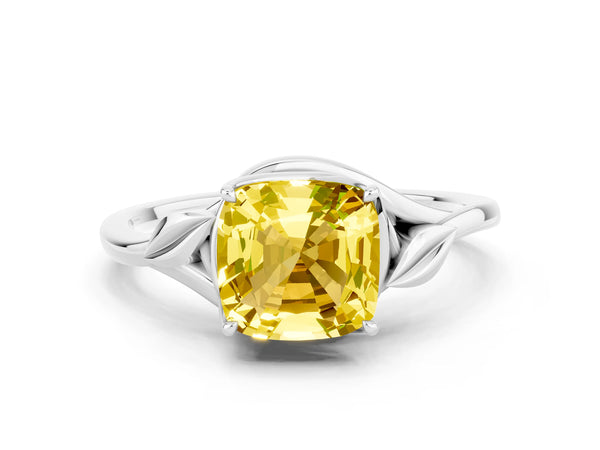 Silver Cushion Cut Yellow Sapphire Solitaire Ring with Twist Band and Four-Prong Setting